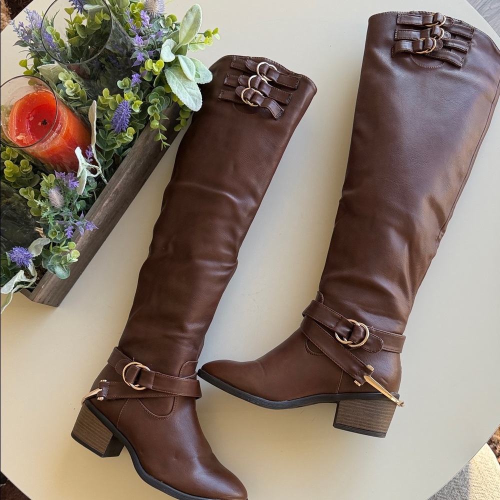 Chic Brown Over the Knee Boots with Buckle Detail